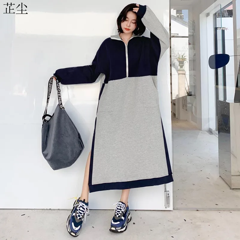

2019 Autumn Winter New American Style Women Sweatshirt Dress Vintage Turtleneck Collar Hit Color Hide Side Slit Hoodies Dresses