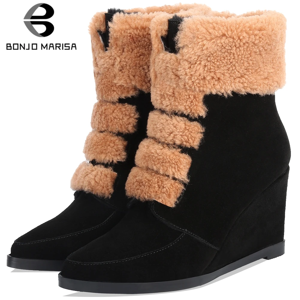 

BONJOMARISA Luxury Brand Winter Warm Booties Ladies Genuine Leather Suede Ankle Boots Women 2020 High Wedges Shoes Woman