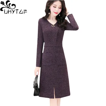 

UHYTGF knitted Autumn sweater dress female long sleeve V-neck pullover women dress fashion pocket slim women elegant dresses 692