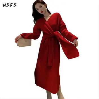 

Spring Dress Women Knitted Red Black Korean Dress Sweater Vintage Elegant Bodycon Bandage Sexy Party Midi Wrap Pencil Clothes