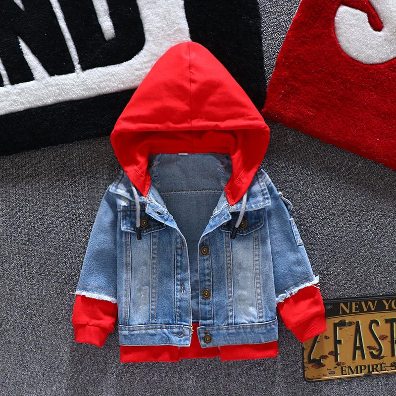 Outono com Capuz Esportivas para 1-6 Menino Menina Denim Jaquetas Crianças Moda Cabolsa Splice Outerwear Roupas Primavera t 7 High Quality Mamãe e Bebê