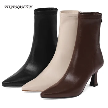 

Brown Elastic Female Short Pointed Toe Stiletto Zipper Real Leather Boots Korean Style Fashion Versatile Thin High Heels Shoes