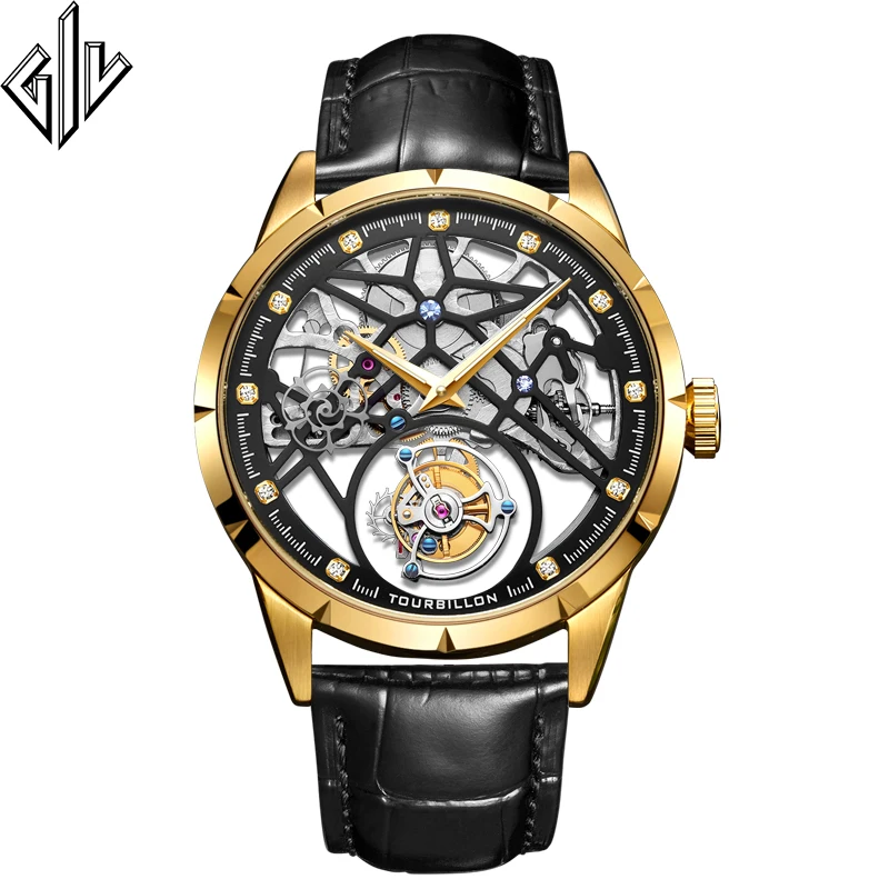 GIV 100% Tourbillon часы мужские водонепроницаемые Топ Бренд роскошные механические
