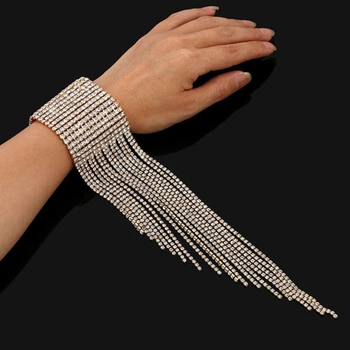 

Fashion Long Tassel Rhinestone Bracelet Hand Jewelry for Women Bridal Crystal Statement Bracelets Wedding Jewellery