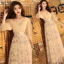 Это Yiiya вечернее платье Шампань с блестками вечерние платья Длинные с v-образным вырезом Вечерние платья элегантные с пышными рукавами robe de soiree LF164