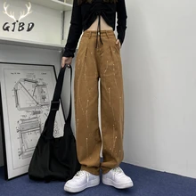 

Brown Women's Jeans Spring Streetwear High Waist Straight Denim Pants Vintage Baggy Splash Ink Fashion Female Wide Leg Trouser