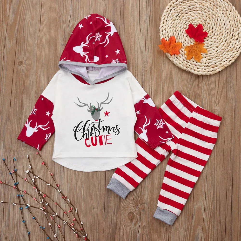 Детская Рождественская Одежда для новорожденных мальчиков и девочек, топы с надписью и оленем+ штаны, комплекты одежды, Рождественские зимние комплекты одежды