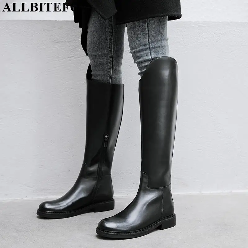 

ALLBITEFO natural genuine leather slip-on women boots simple style leisure long boots winter girl comfortable knee-high boots