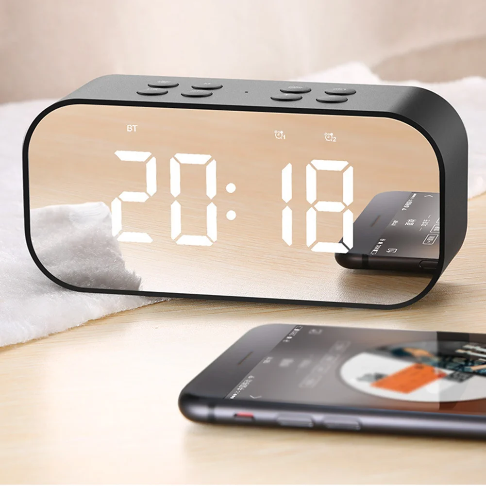 Column Subwoofer Sound Box Wireless Music Time Snooze LCD Portable Bluetooth Speaker Mini Stereo Mirror Alarm Clock