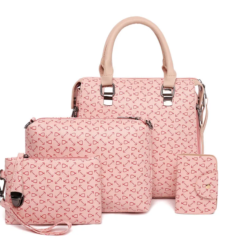 

2018 New Style WOMEN'S Bag Korean-style Different Size Bags Four-piece Set-Style Printed Fish Bone Pattern Shoulder Handbag