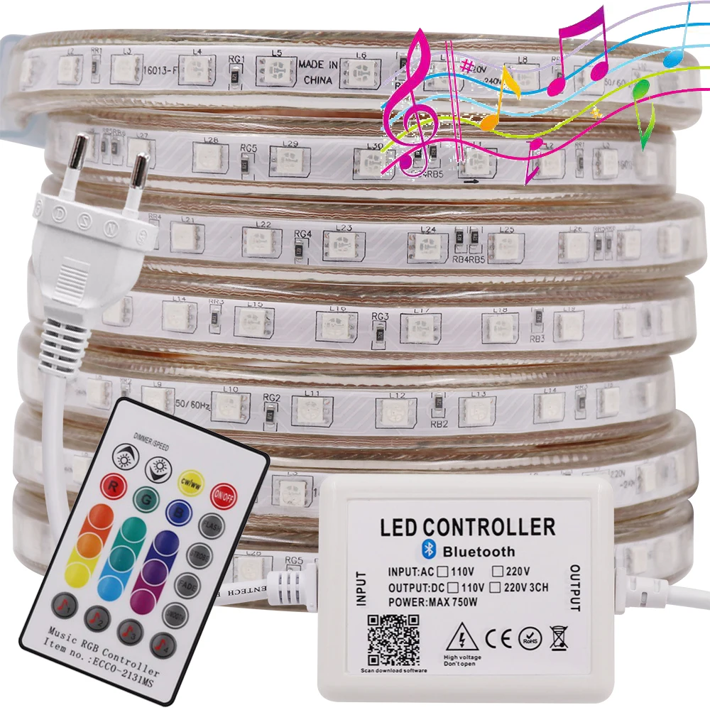 100mMusic RGB LED Strip Light 220V AC Remote Control 5050 SMD 60LEDs/m Waterproof IP67 Flexible Tape Outdoor Home Decoration | Лампы и