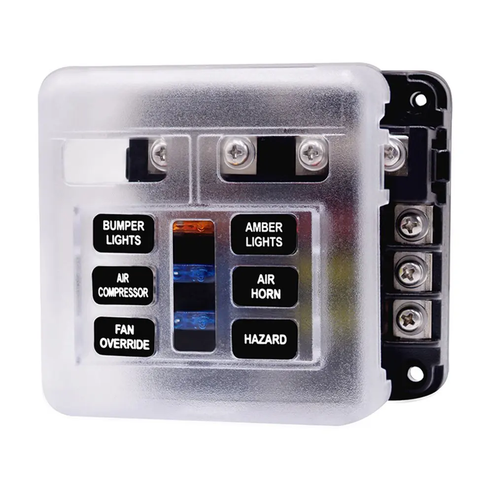 Screw Nut Terminal W/Negative Bus 5A 10A 15A 20A Free Fuses LED Indicator 6-Way Fuse Box Blade Fuse Block Holder