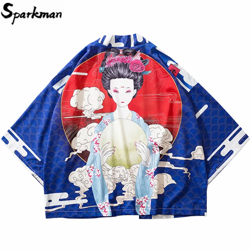 

2019 Japanese Kimono Jacket Moon Geisha Printed Hip Hop Men Jackets Streetwear Summer Thin Harajuku Clothing Japan Style Kimono