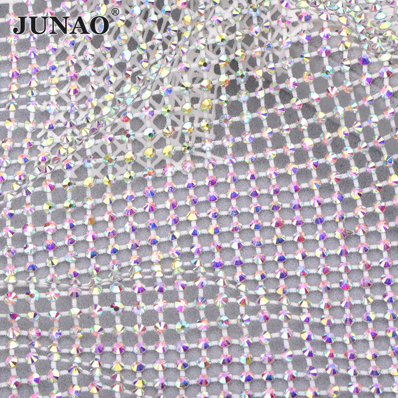 JUNAO, 1x1,5 м, блестящая белая AB швейная сетчатая ткань со стразами, стеклянная лента с отделкой кристаллами, эластичная Алмазная сетка, аппликация из страз