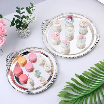 

12“/14” wedding decoration steel trays with handles silver cake display pan cake pan metal silver serving tray