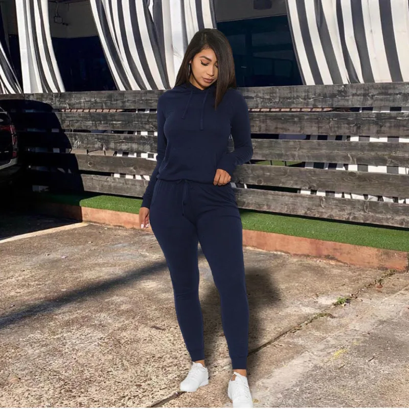 Navy Blue Красный женский спортивный костюм из двух частей, осень, толстовка с капюшоном и длинным рукавом с карманом и спортивные штаны, костюм для бега - Цвет: Navy Blue