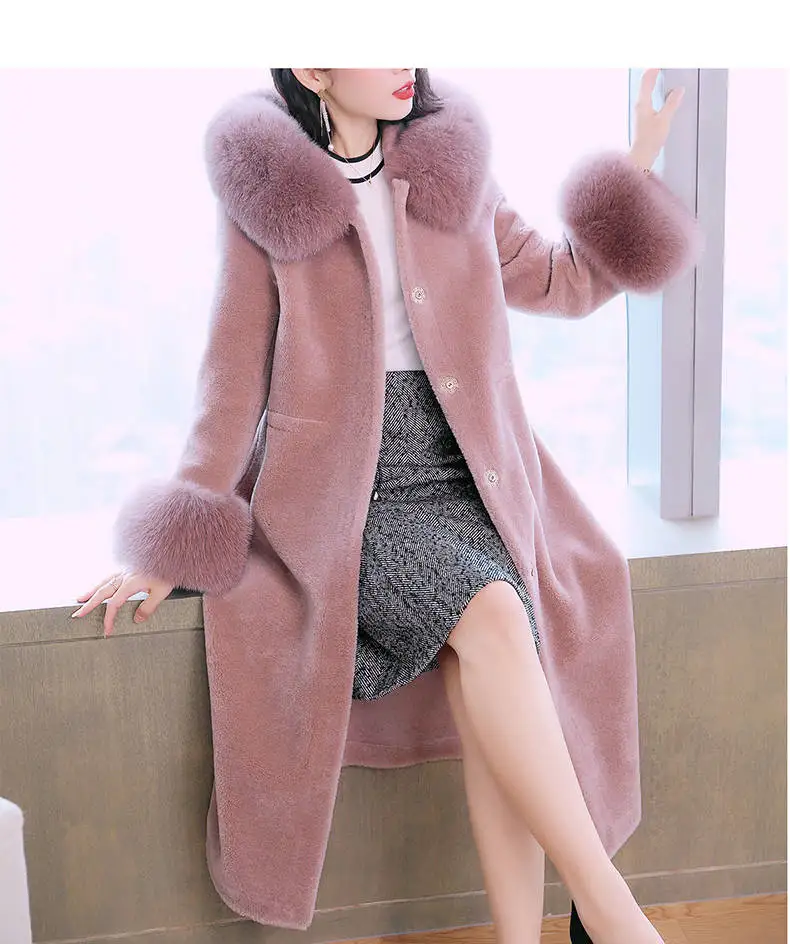 Autumn Winter Women Real Fur Coat Female Natural Wool Sheep Shearing Fur Jacket Warm Genuine Fox Fur Hooded Outerwear A44