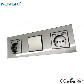 

Dual USB German Wall Socket 1-Gang Switch with LED, 16A Triple Frame Electrical Socket Switch Grey Grounded