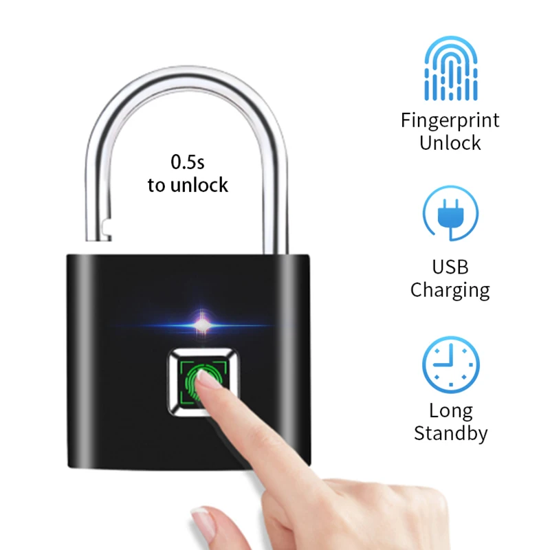 

Smart Fingerprint Lock USB Rechargeable Fingerprint Padlock Quick Unlock Zinc Alloy Metal Self Developing Chip for Door Luggage