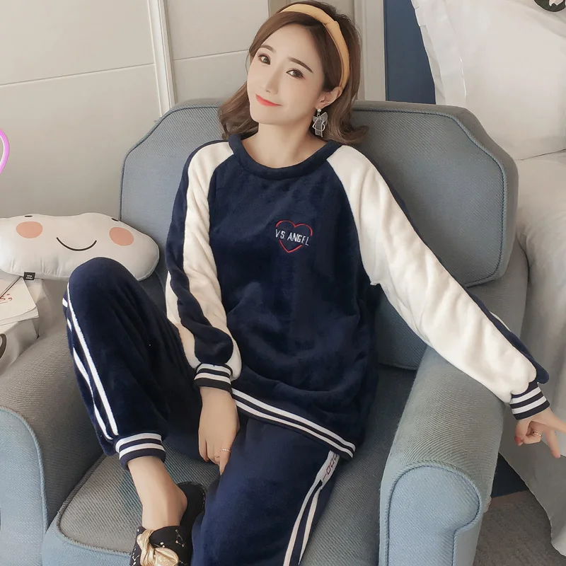 Casual Striped Thick Warm Flannel Pajamas Sets For Women Winter Long Sleeve Coral Velvet Pyjama Sleepwear Homewear Clothing