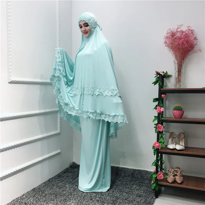 Абайя Дубай, Турция исламский хиджаб мусульманское платье комплект Кафтан Абая для женщин jilbaba кафтан молитва одежда Рамадан Elbise Robe Femme - Цвет: Light green set