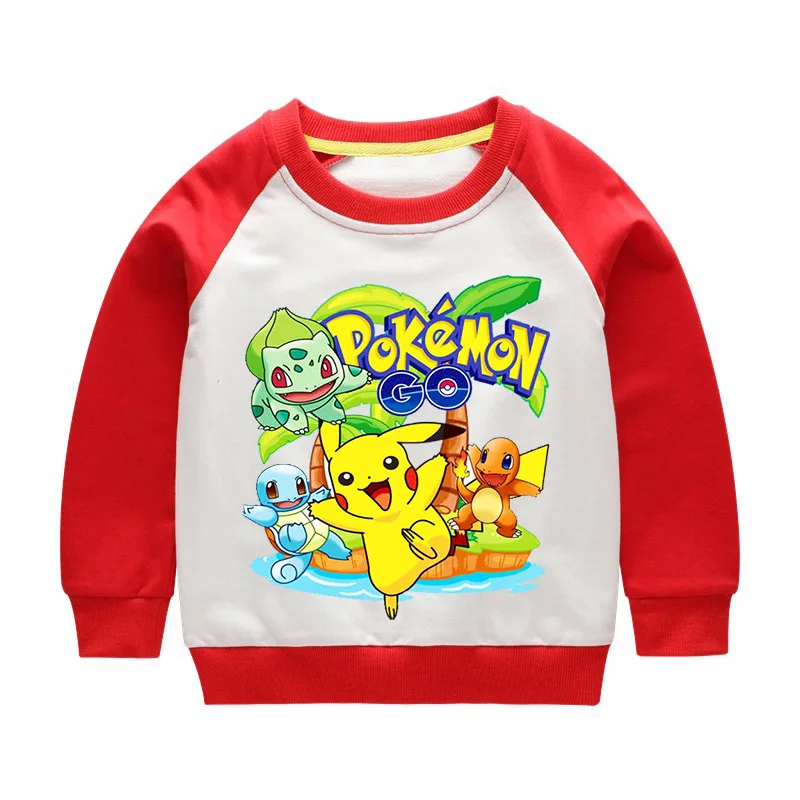 От 2 до 10 лет футболка Pokemon/Детская осенняя одежда с капюшоном, футболка с Пикачу, Детская кофта для мальчиков, рубашки топ с длинными рукавами для маленьких девочек