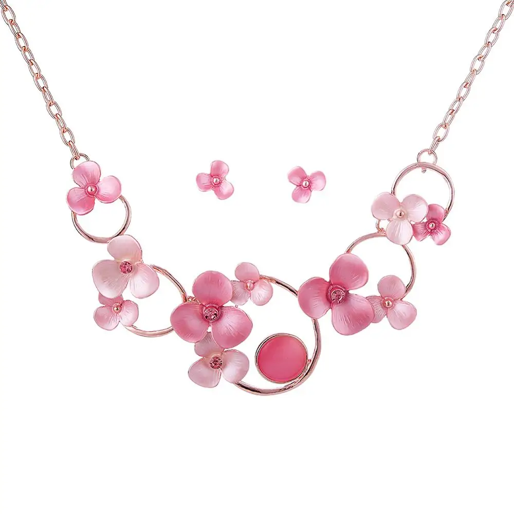 Дизайн розовый цветок Ювелирные наборы Свадебные длинное ожерелье с подвесками на цепочке вечерние подарки для девочек, ожерелье, серьги-пуссеты набор - Окраска металла: color 2