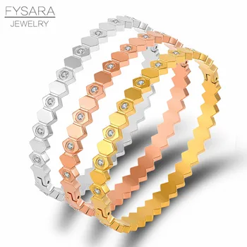 

FYSARA Geometry Round Bangles For Women Titanium Steel Rhinestone Bracelets Gold Silver Color Punk Jewelry Crystals Bangle