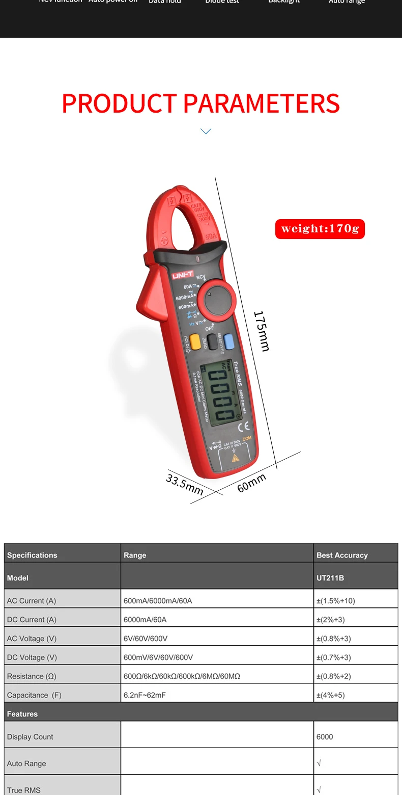 UNI-T UT211B AC/DC 60A Мини цифровые клещи; True RMS амперметр, V. F. C./NCV/сопротивление/емкость тест, ЖК-подсветка
