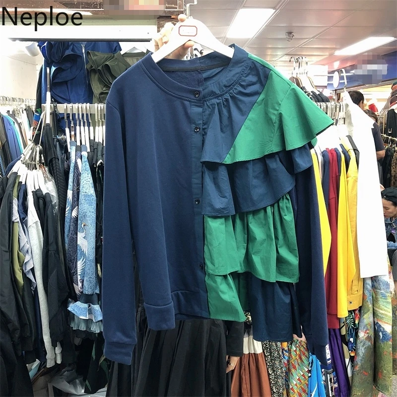 Neploe, женская блузка, контрастные цвета, с оборками, однобортная, Blusas,, осень, корейский стиль, Круглый ворот, длинный рукав, рубашки, женские топы, 56217