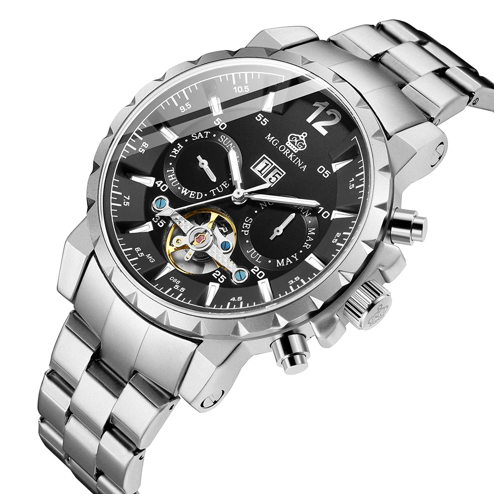 Модные Классические Мужские автоматические механические часы, маховик, Tourbillon, спортивные, из нержавеющей стали, деловые наручные часы, Relogio Masculino