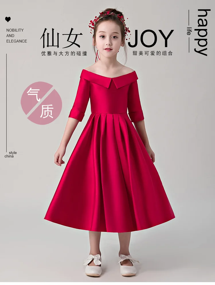 CHILDREN'S Piano off-Shoulder Playing Formal Dress New Style Flower Boys/Flower Girls Red Girls Chorus Costume Autumn