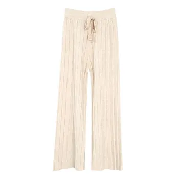

2020 Autumn Winter Knitted Wide Leg Pants Lace Up Stretch High Waist Ankle-length Trousers Causal Solid Women Pant Drawstring