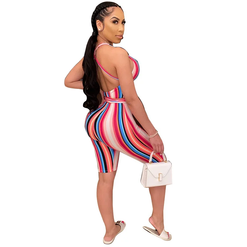 High Elastic Summer Club Party Bodysuits For Women Striped Spliced Backless Slim Outfit Casual Deep V Neck Sleeveless Jumpsuits