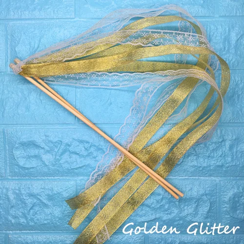 50 шт. свадебные ленты палочки скручивающаяся лента для танцев реквизит лента на палочке с кружевом DIY Свадьба День Рождения Вечеринка подарки - Цвет: Golden Glitter Lace