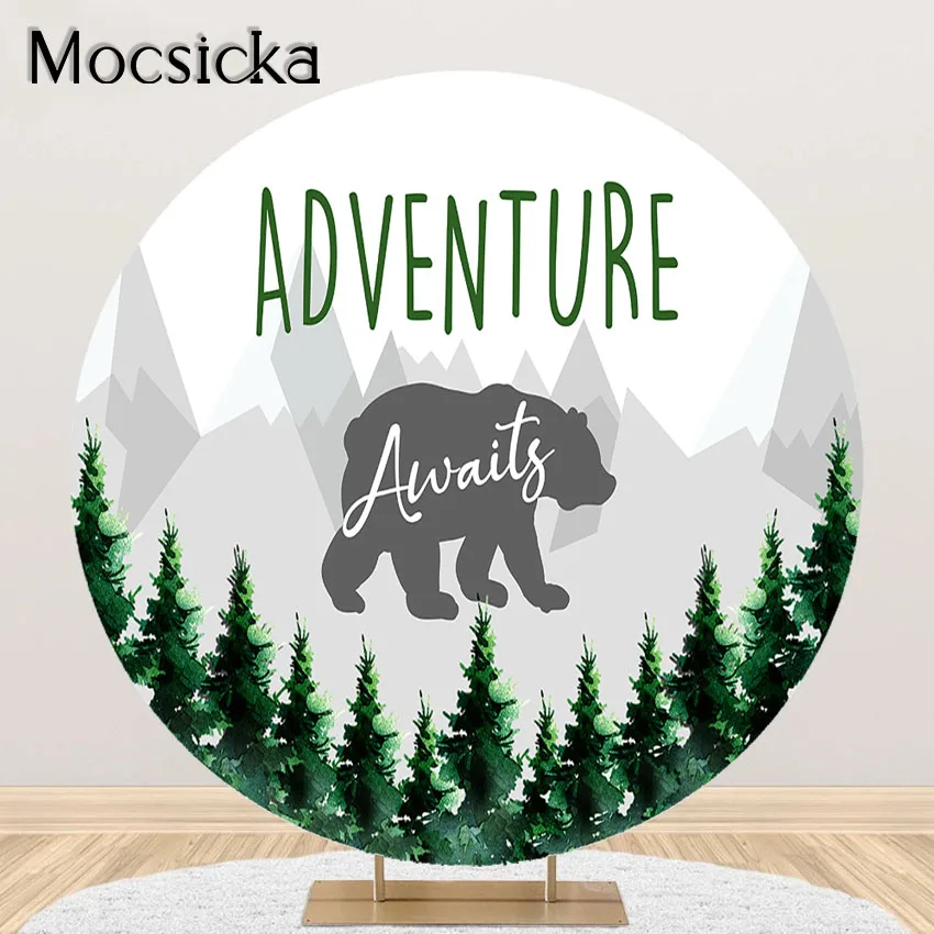 

Mocsicka Adventure Awaits Backdrop Mountain Wilderness Woodland Pine Baby Shower Party Decorations Round Circle Cover Background