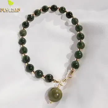 

Flyleaf 14k Gold Round Bead Green Jade Real 925 Sterling Silver Bracelets For Women Fine Jewelry Bracelets & Bangles Luxury