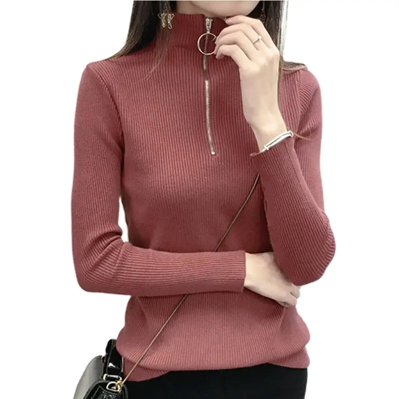 

Women Winter Ribbed Knit Turtleneck Woman Sweater Solid Color 1/4 Zip Up Jumper Tops Female