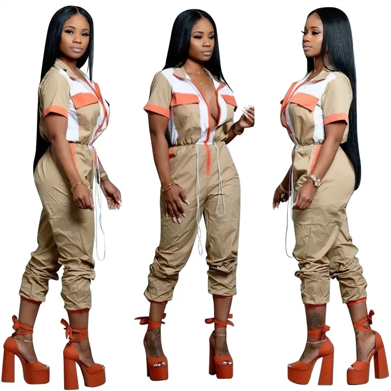 

Women Sexy Deep V-Neck Zipper Short Sleeve Jumpsuits Color Patchwork Pockets High Waist Sashes Skinny Overalls Rompers