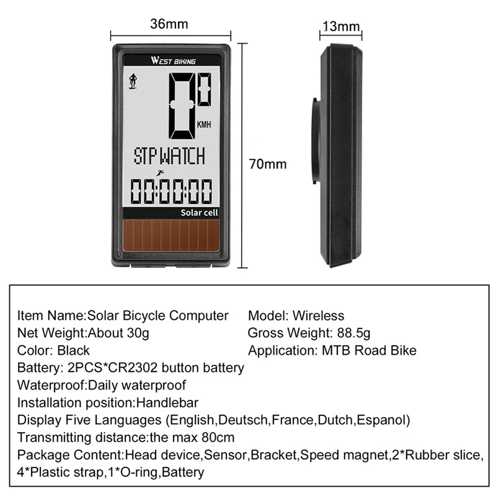 Солнечная батарея, 5 языков, беспроводной Велосипедный компьютер, Автоматическое включение/выключение, велосипедный спидометр, одометр, водонепроницаемая подсветка, велосипедный секундомер