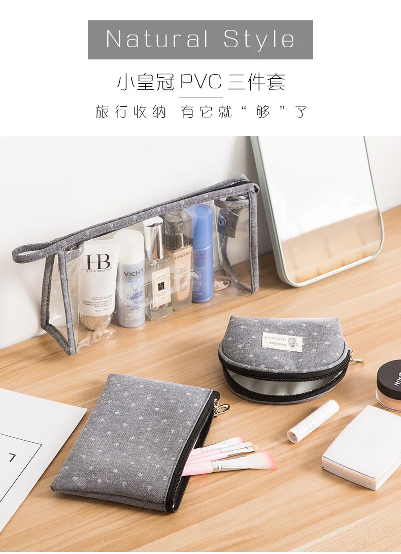 Waterproof Small Crown Transparent PVC Travel Three-piece Cosmetic Bag Travel Portable Large-Volume Wash Bag Storage Bag