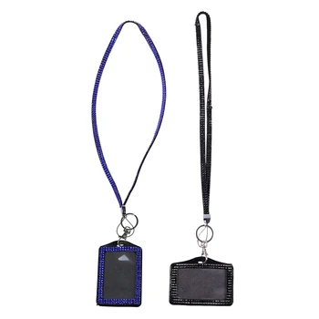 

2 Pcs Rhinestone Bling Crystal Custom Lanyard Vertical ID Badge Holder, Black & Dark Blue