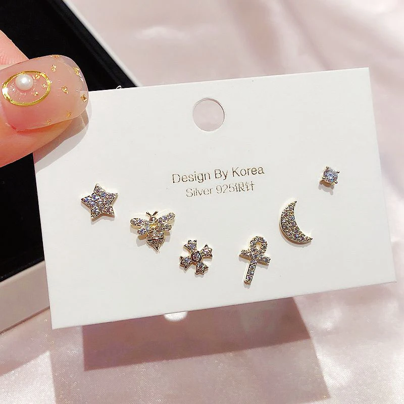 Trendy 6pcs Micro Paved Cubic Zircon Small Stud Earrings Set Gold Color Moon Cross Bee Star Earrings for Women
