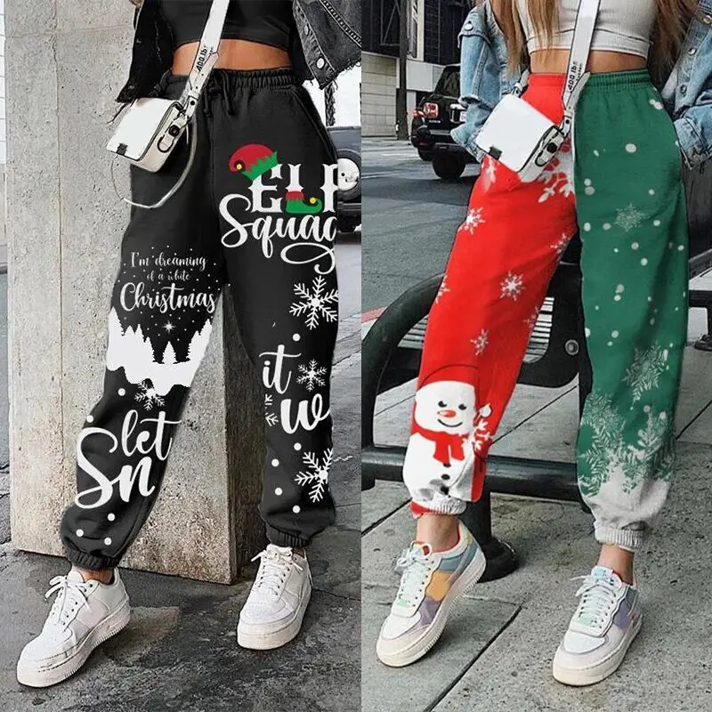 Женские штаны с рождественским принтом на осень и зиму 2020 свободные эластичные