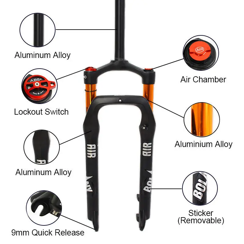 Подвесная вилка BOLANY MTB 26*4," Воздушный амортизатор 1-1/8" Пляжный Снежный велосипед 120 мм TravCel 9 мм QR 1-1/8 безрезьная вилка для горного жира