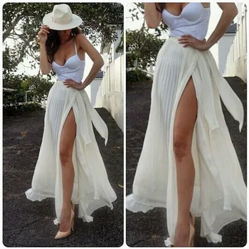 

White Wrinkled Slim Split Skirt Women Chiffon Waist Maxi Length Custom Made New Coming Casual Party Skirts