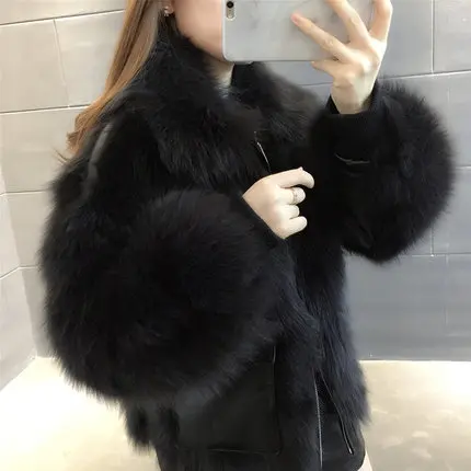 black Короткие женские парки, утолщенная теплая шуба из натурального меха лисы, женские зимние модные куртки, свободные одноцветные женские шубы - Цвет: black