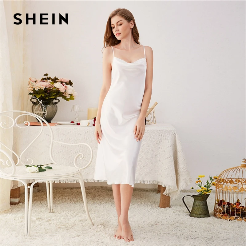 SHEIN глубокий v-образный вырез сзади атласное длинное платье на бретельках для женщин гофрированная кромка ночная рубашка Осенняя однотонная Регулируемая бретельки сексуальное ночное белье Ночная рубашка