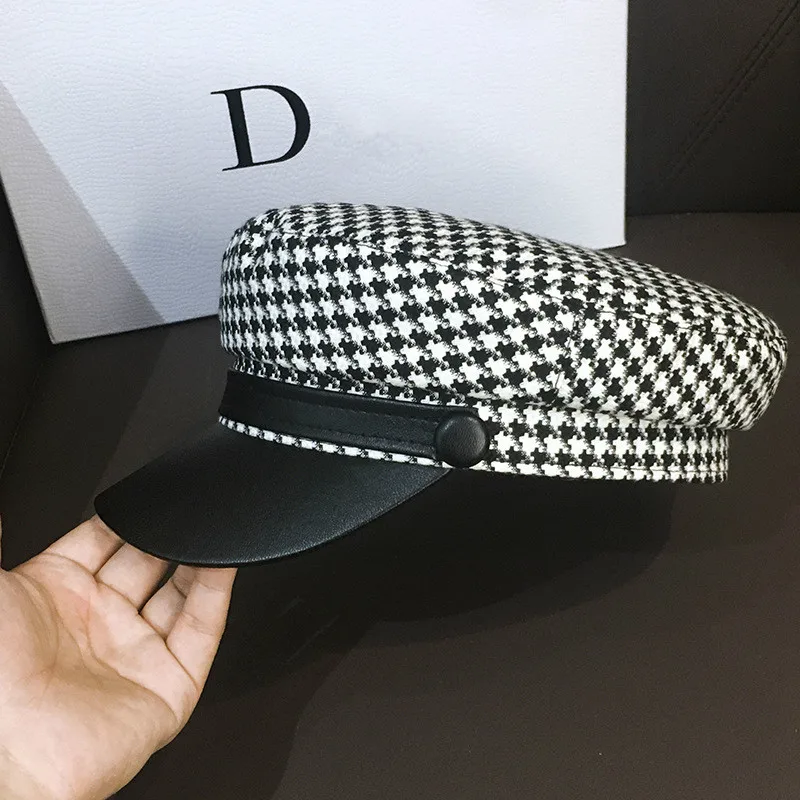 JIN-Swhbias Octagonal Cap for Women Plaid leather Visors Newsboy Cap New Vintage Autumn Winter Berets Ladies Hat