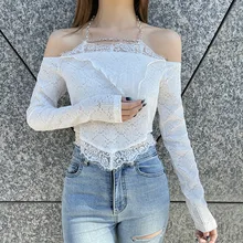 

Lace Trim Gothic E Girl T-Shirts Women 2021 New White Bodycon Off Shoulder Long Sleeve Crop Tops Sexy See Through Streetwear Tee